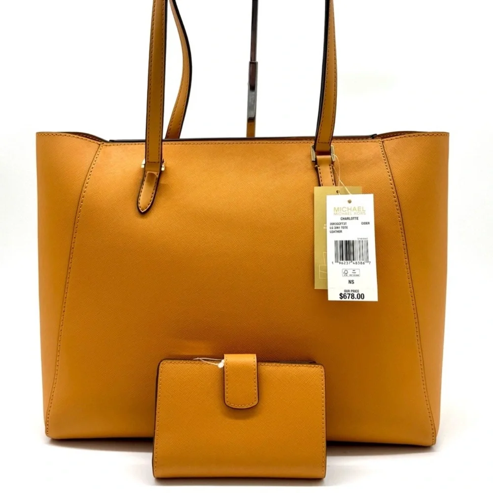 Michael Kors Charlotte LG Tote Bag 3 IN 1 Leather Tote Bag & Bifold Wallet Cider